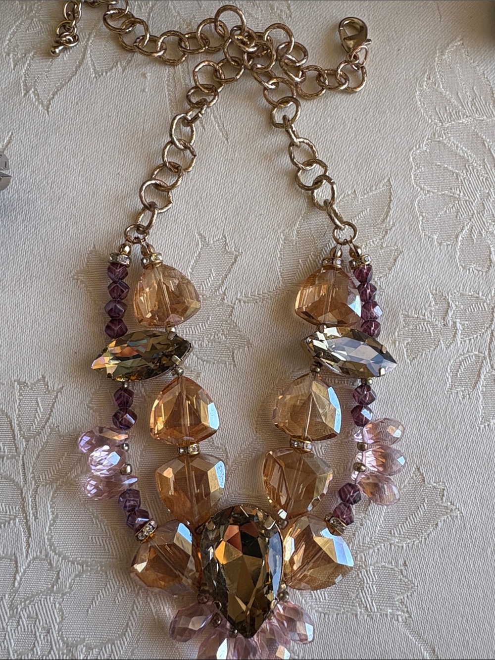 Gold-Tone Statement Necklace with Champagne and Pink Crystals - Picture 2 of 8